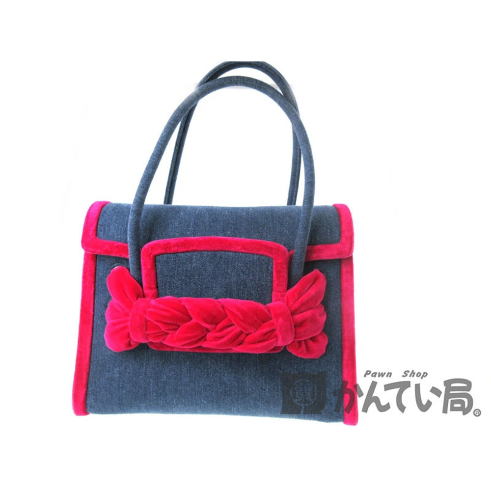 Miu Miu Tote Bag Denim Velvet Blue Passion Pink Handbag Shoulder Bicolor Ribbon